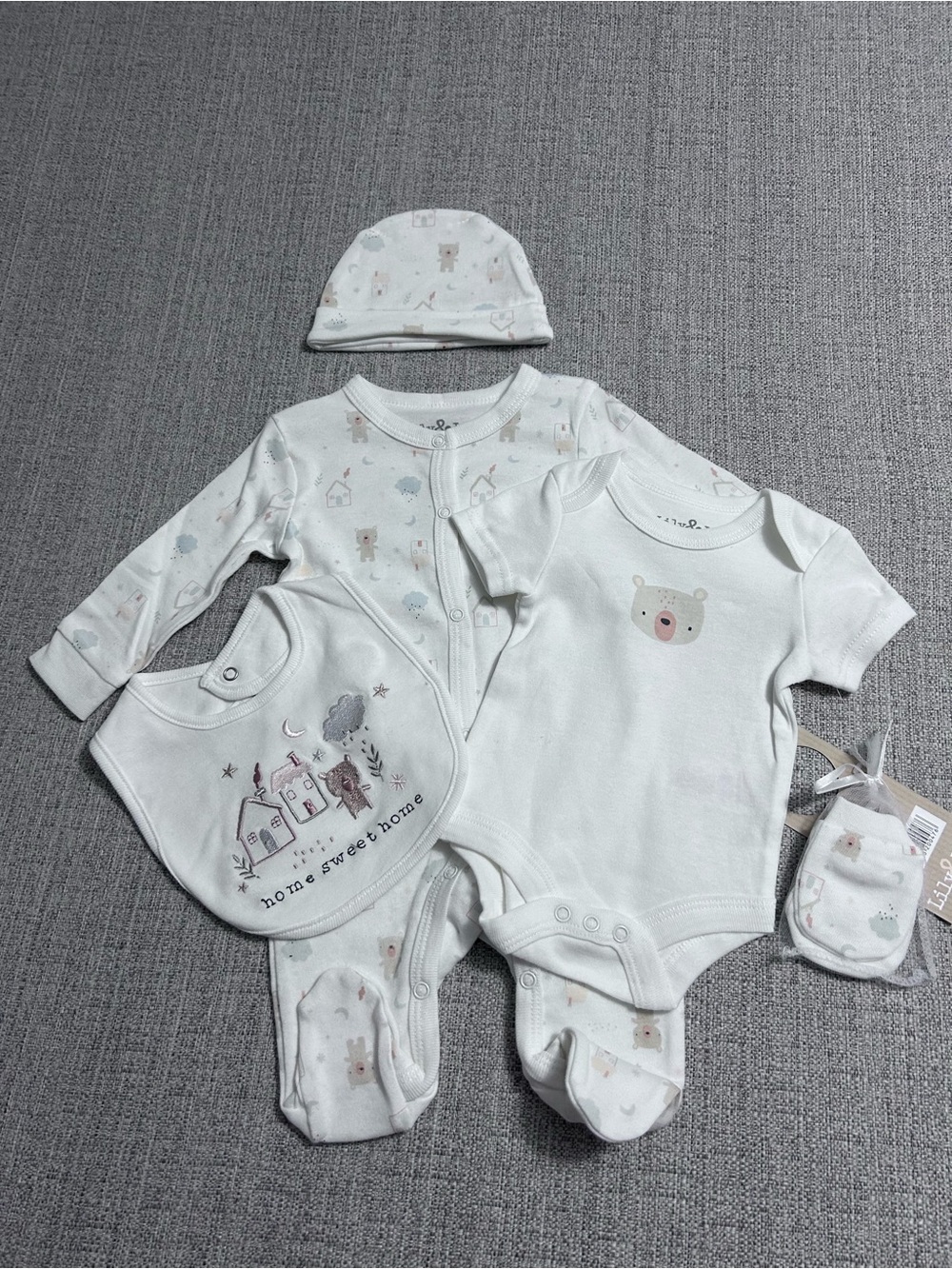 Lilly & Jack Cream 5 Piece Baby Long One Piece, short One Piece,Hat,Mittens 0-3M